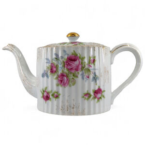 Bountiful Roses Teapot Lefton China K2275 Hand Painted‎ Oval with Ribbed Pattern